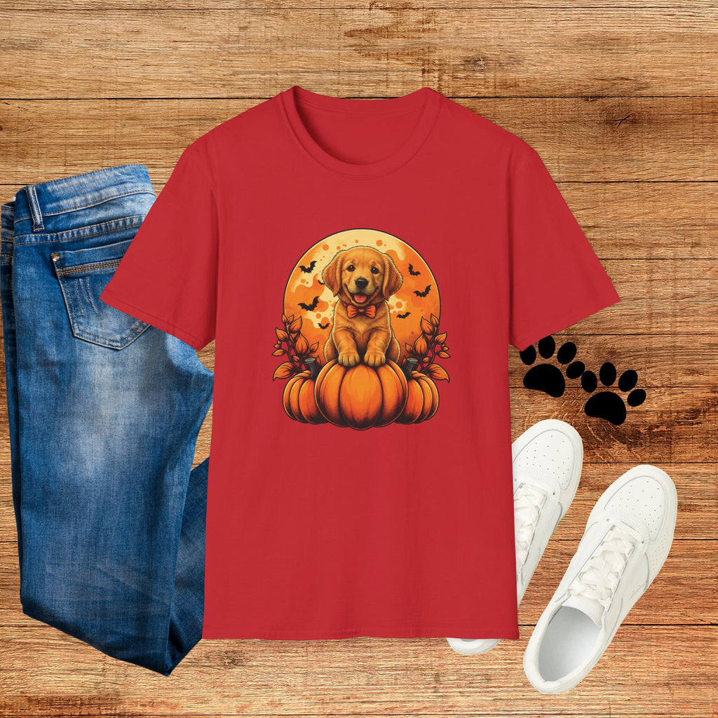 Halloween Pumpkin Puppy T-Shirt — Cute Golden Retriever with Bats & Bowtie