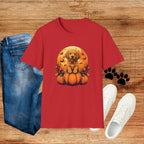 Halloween Pumpkin Puppy T-Shirt — Cute Golden Retriever with Bats & Bowtie