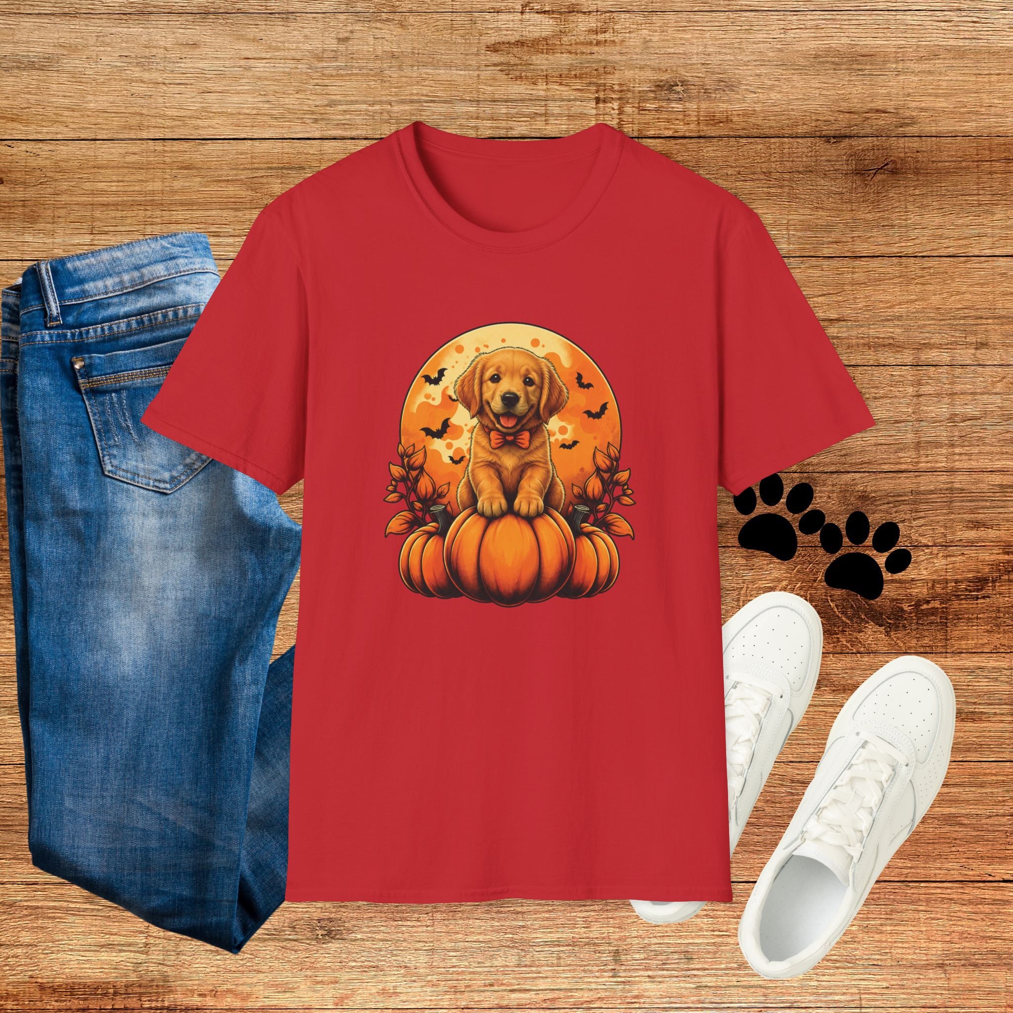 Halloween Pumpkin Puppy T-Shirt — Cute Golden Retriever with Bats & Bowtie