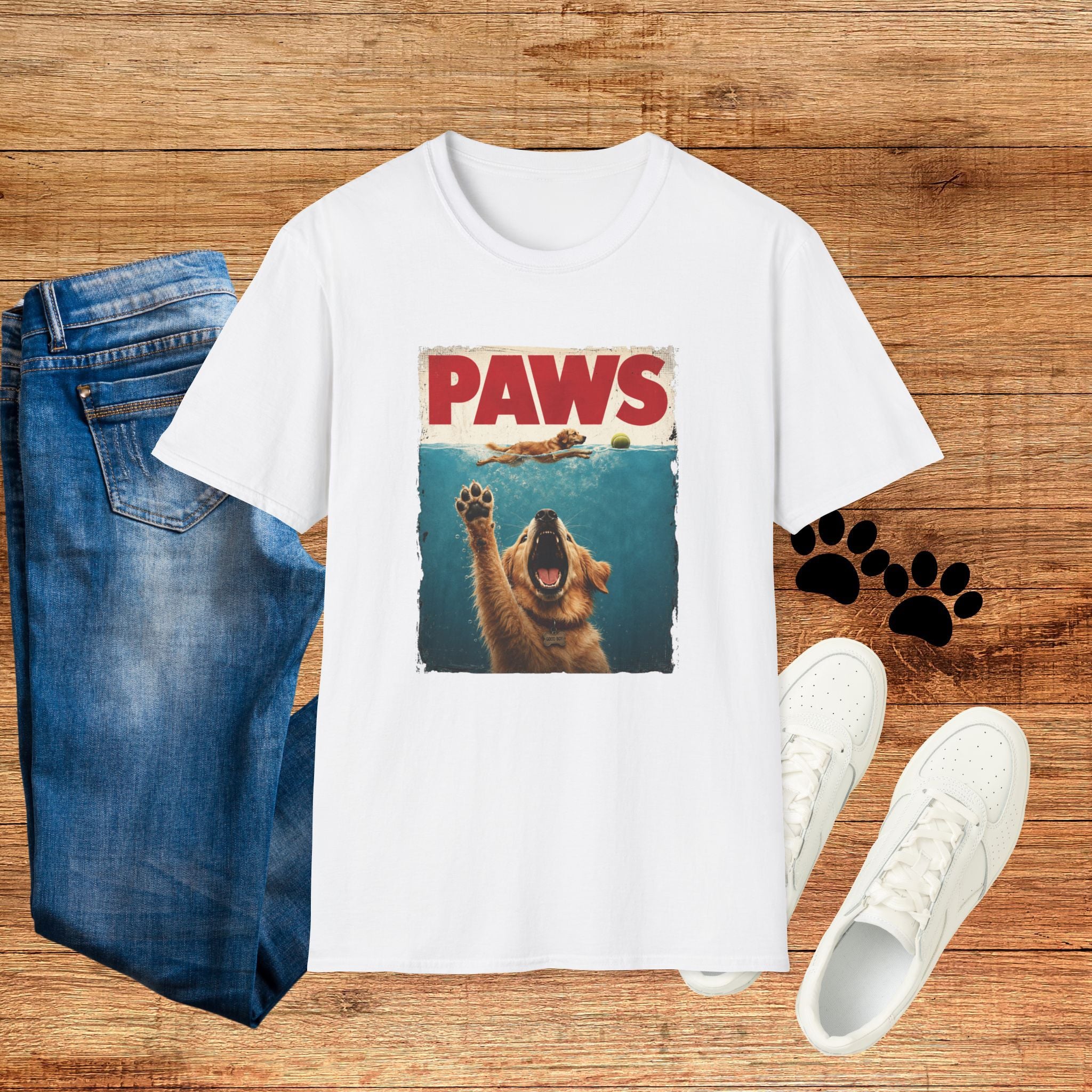 PAWS Dog Parody T-Shirt — Retro Beach Pup Graphic Tee for Dog Lovers