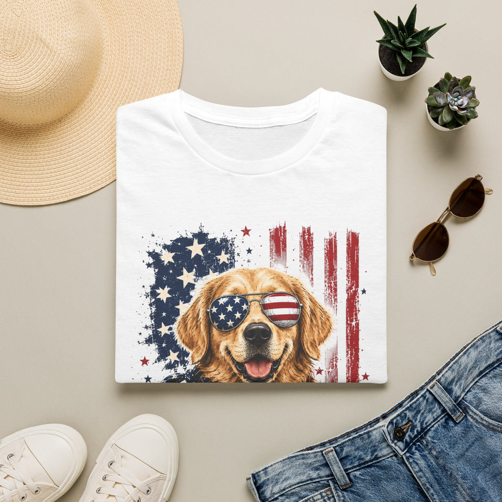 Patriotic Golden Retriever T-Shirt — American Flag Sunglasses & Bandana