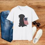 Black Labrador Holding American Flag T-Shirt – Patriotic Dog Tee for 4th of July