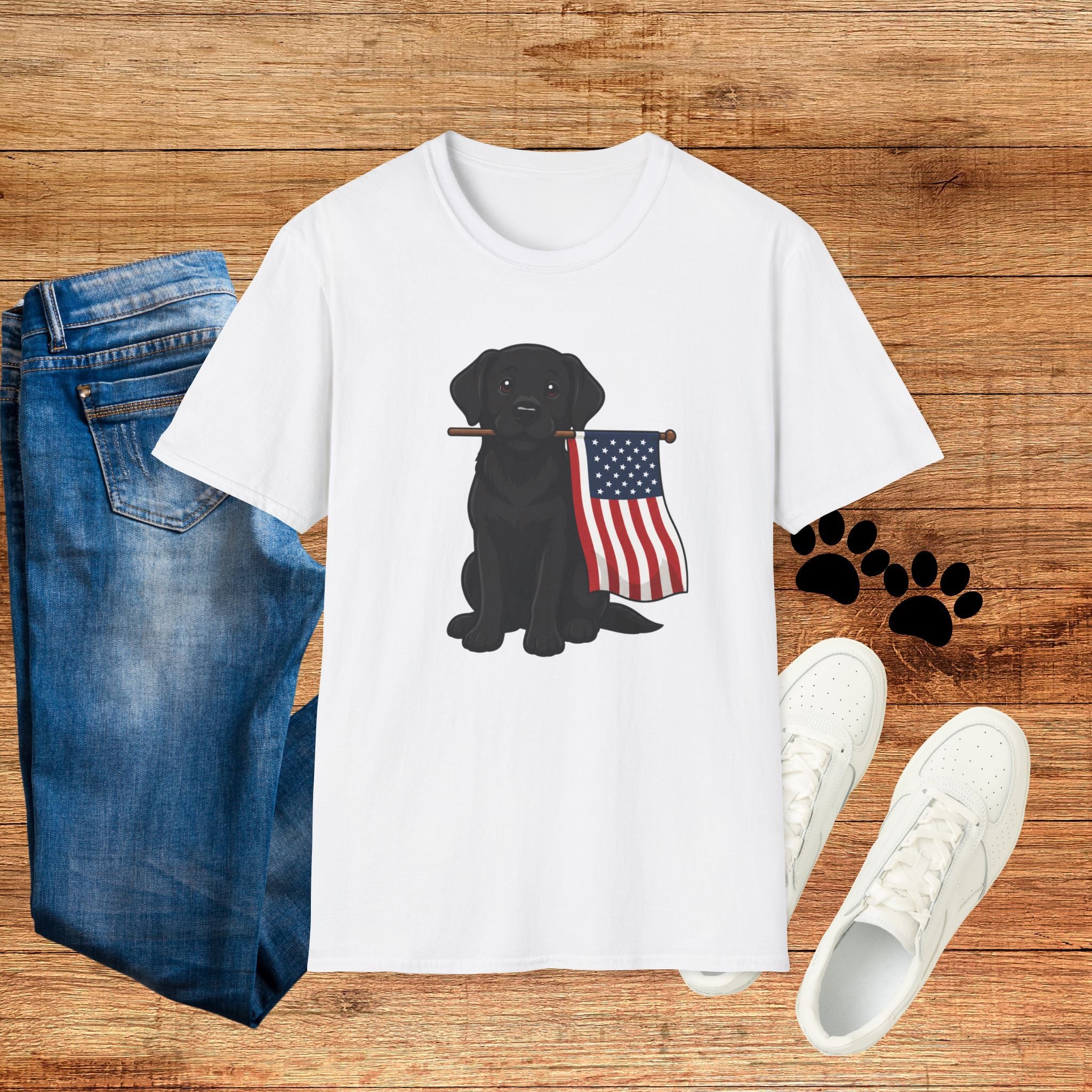 Black Labrador Holding American Flag T-Shirt – Patriotic Dog Tee for 4th of July