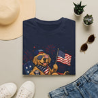 Patriotic Golden Retriever T-Shirt — USA Flag, Sunglasses & Fireworks