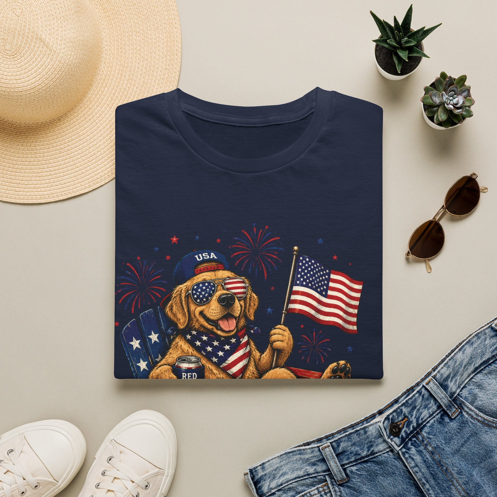 Patriotic Golden Retriever T-Shirt — USA Flag, Sunglasses & Fireworks