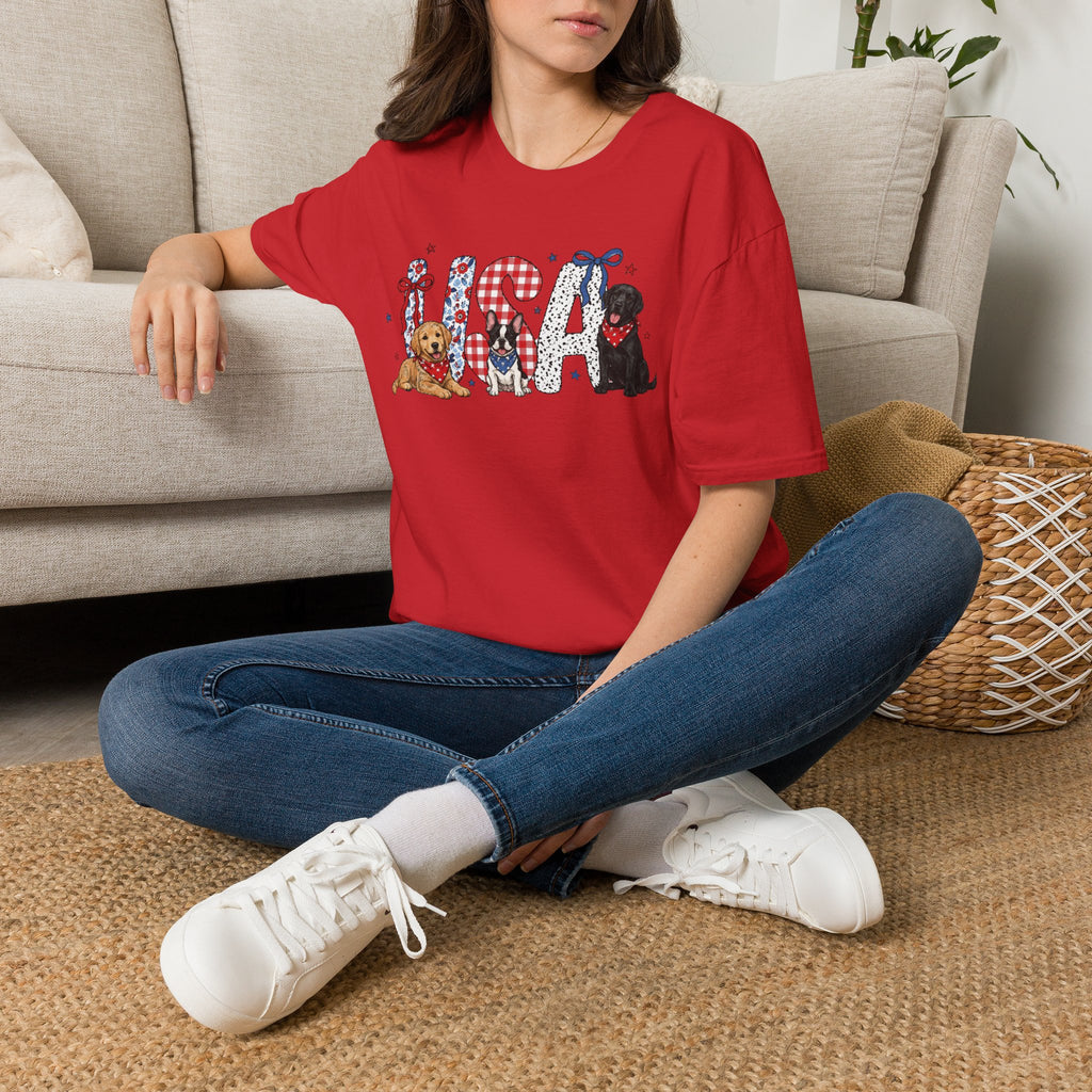 USA Patriotic Dog T-Shirt — Red White Blue Lettering with Labrador & Puppy Design