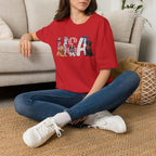 USA Patriotic Dog T-Shirt — Red White Blue Lettering with Labrador & Puppy Design