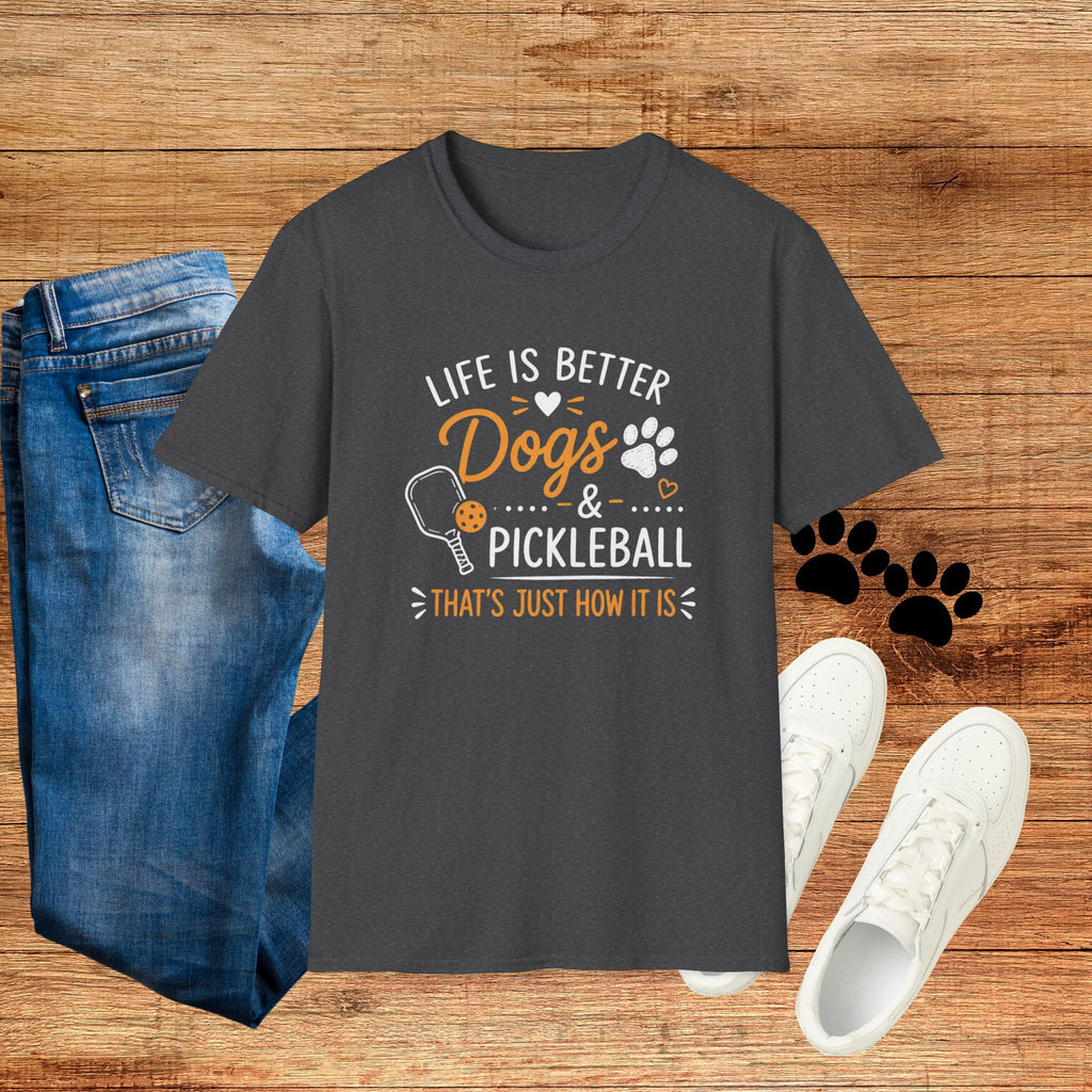 Life Is Better Dogs & Pickleball T-Shirt — Funny Dog Lover Pickleball Tee