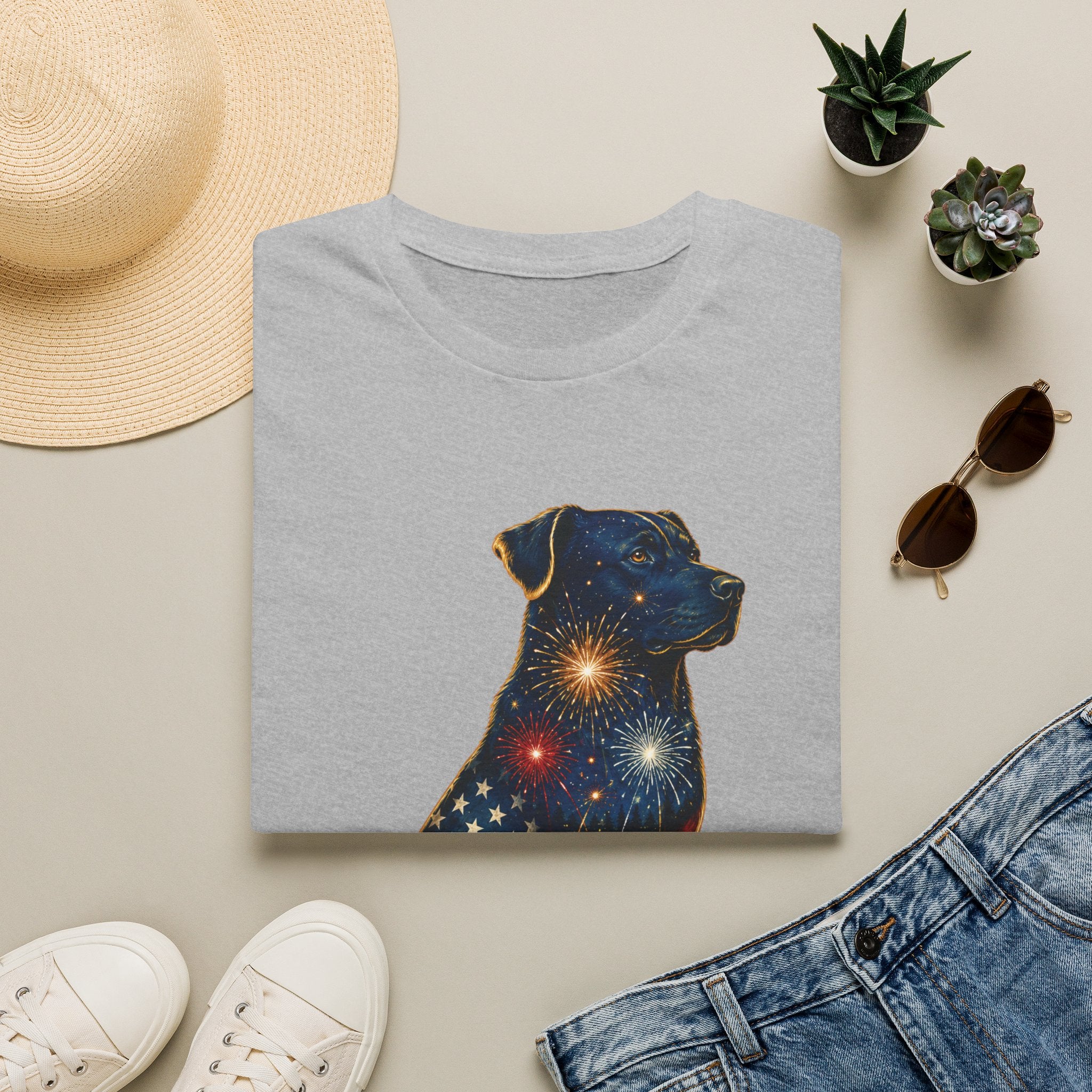 Patriotic Fireworks Dog T-Shirt — American Flag Labrador Graphic Tee