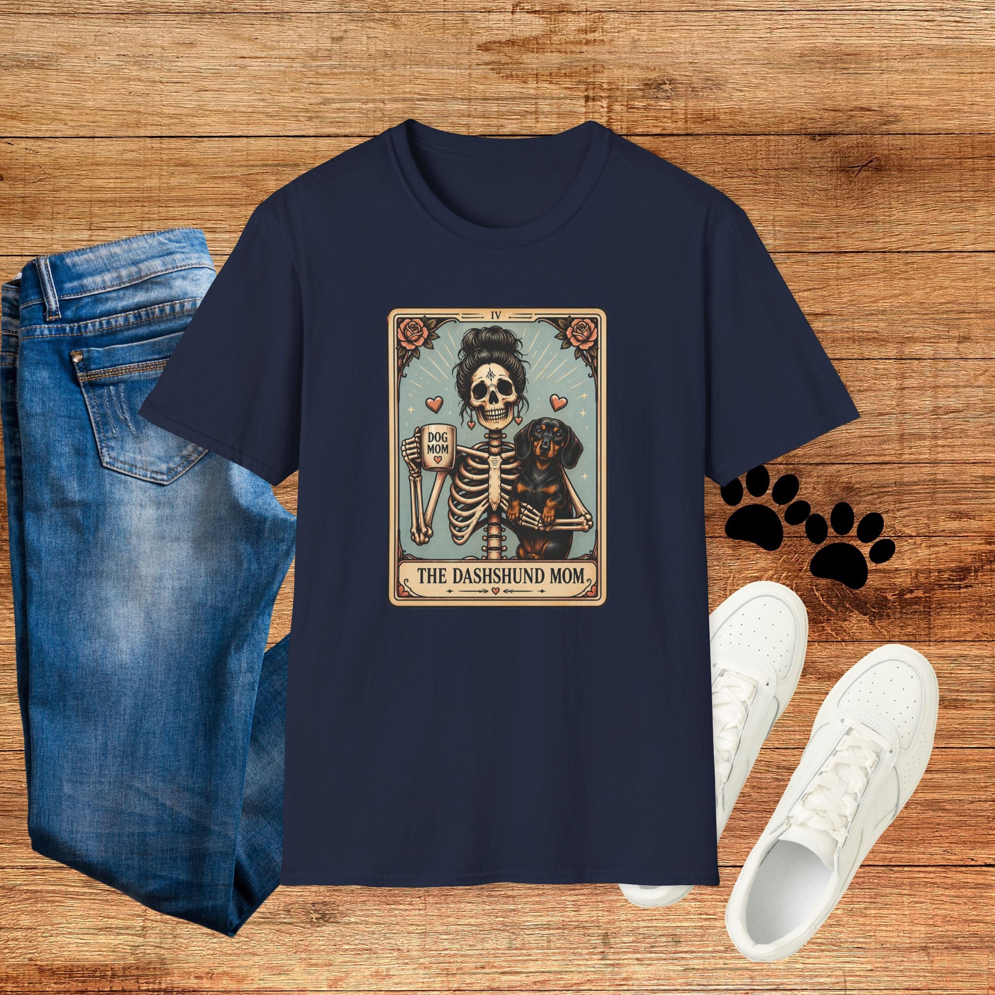 Dachshund Mom Tarot Tee — 'Dog Mom' Skeleton Card Graphic T-Shirt
