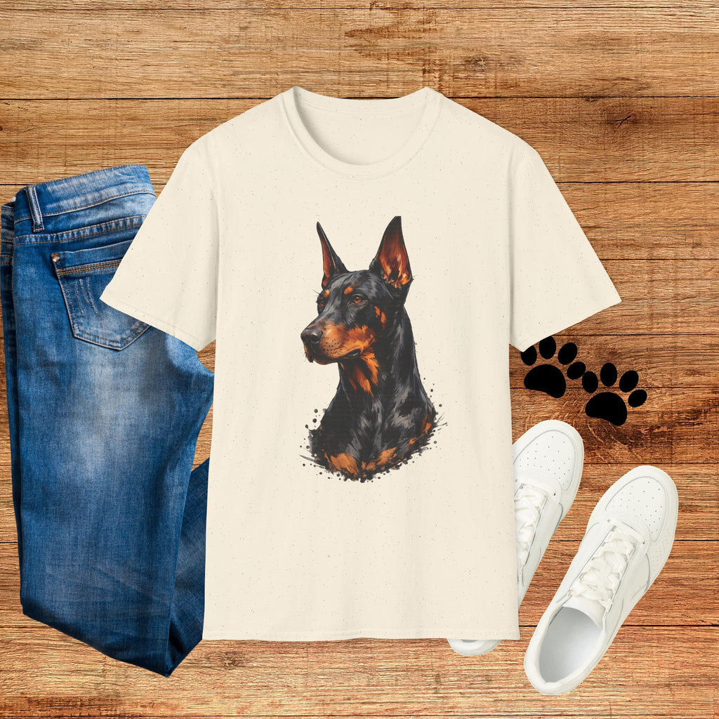 Doberman Portrait T‑Shirt — Realistic Dog Art Tee for Pet Lovers