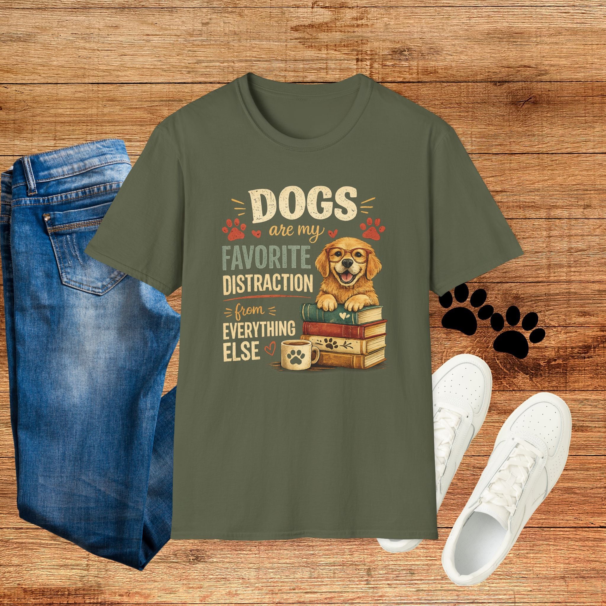 Dogs Are My Favorite Distraction T-Shirt – Cute Golden Retriever Paw Print Tee