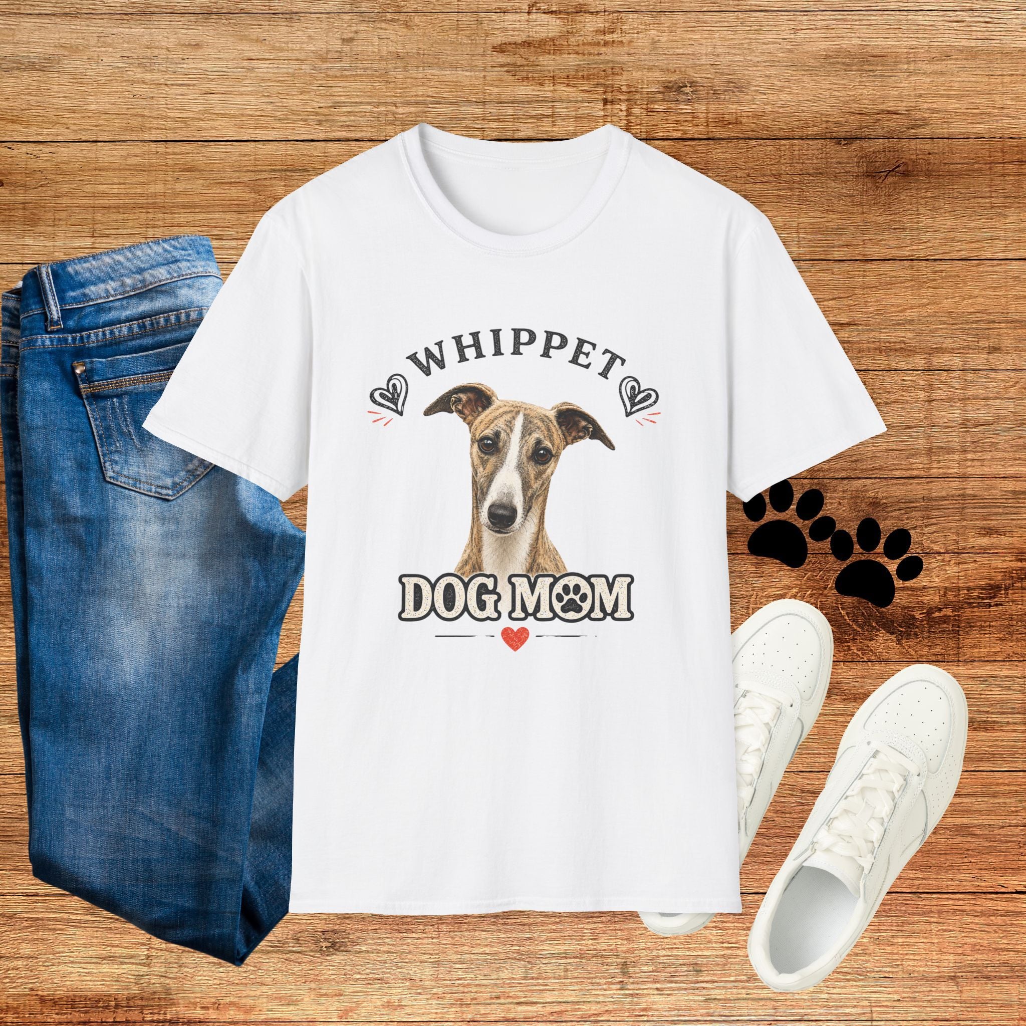 Whippet Dog Mom T-Shirt — Cute Whippet Portrait & Heart Graphic