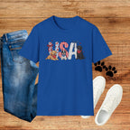 USA Patriotic Dog T-Shirt — Red White Blue Lettering with Labrador & Puppy Design