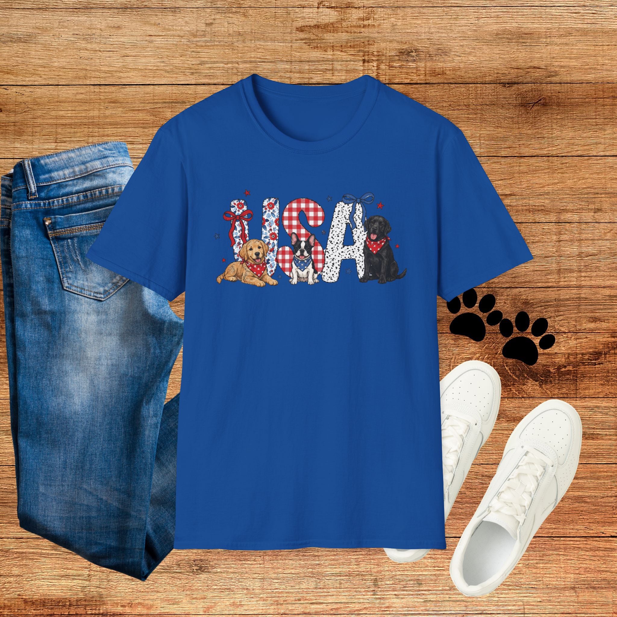 USA Patriotic Dog T-Shirt — Red White Blue Lettering with Labrador & Puppy Design
