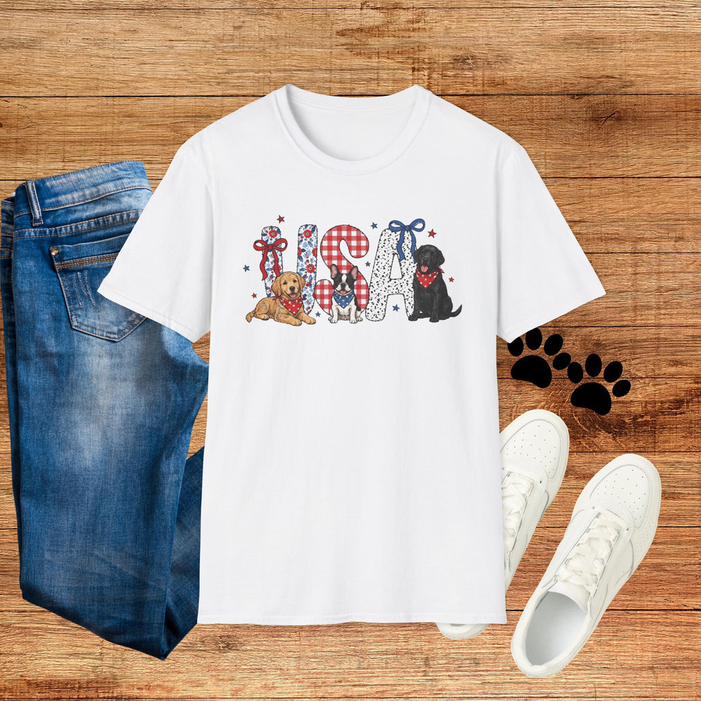 USA Patriotic Dog T-Shirt — Red White Blue Lettering with Labrador & Puppy Design