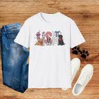 USA Patriotic Dog T-Shirt — Red White Blue Lettering with Labrador & Puppy Design