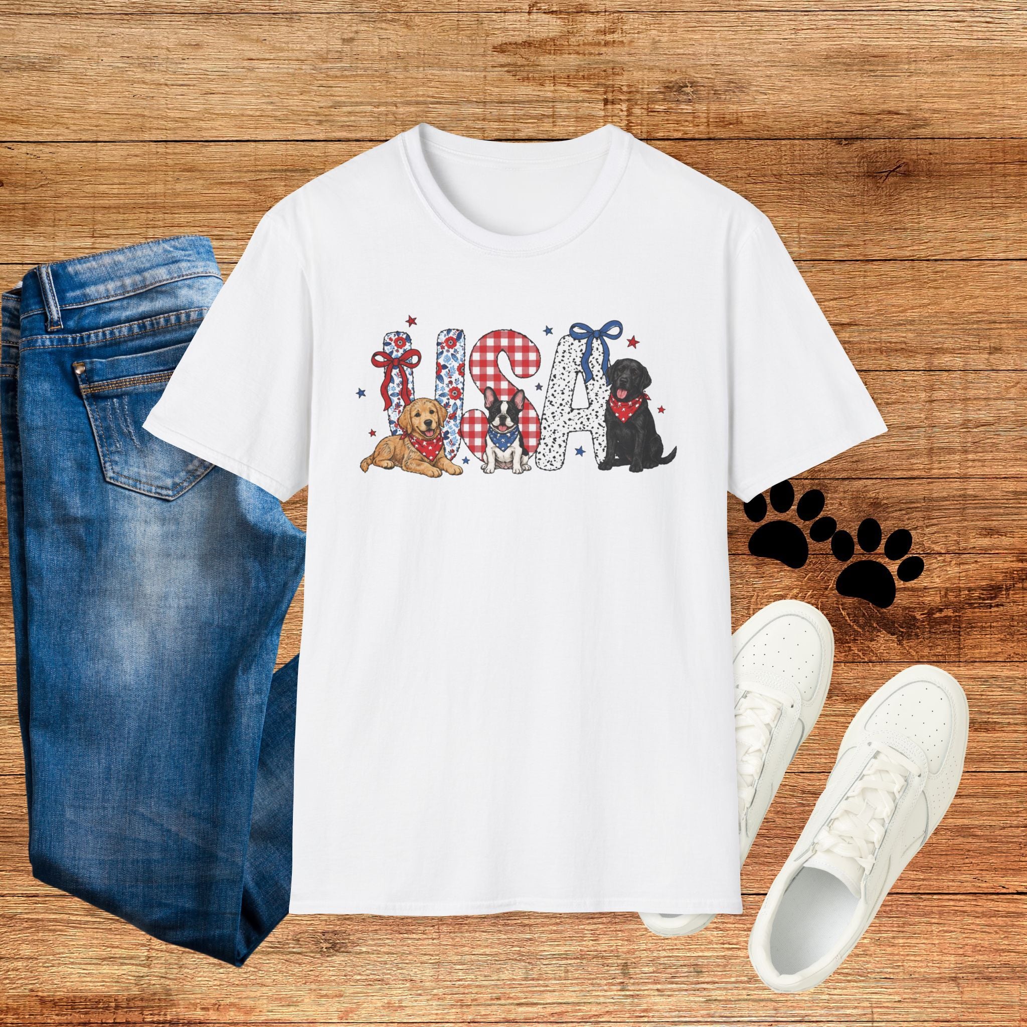 USA Patriotic Dog T-Shirt — Red White Blue Lettering with Labrador & Puppy Design
