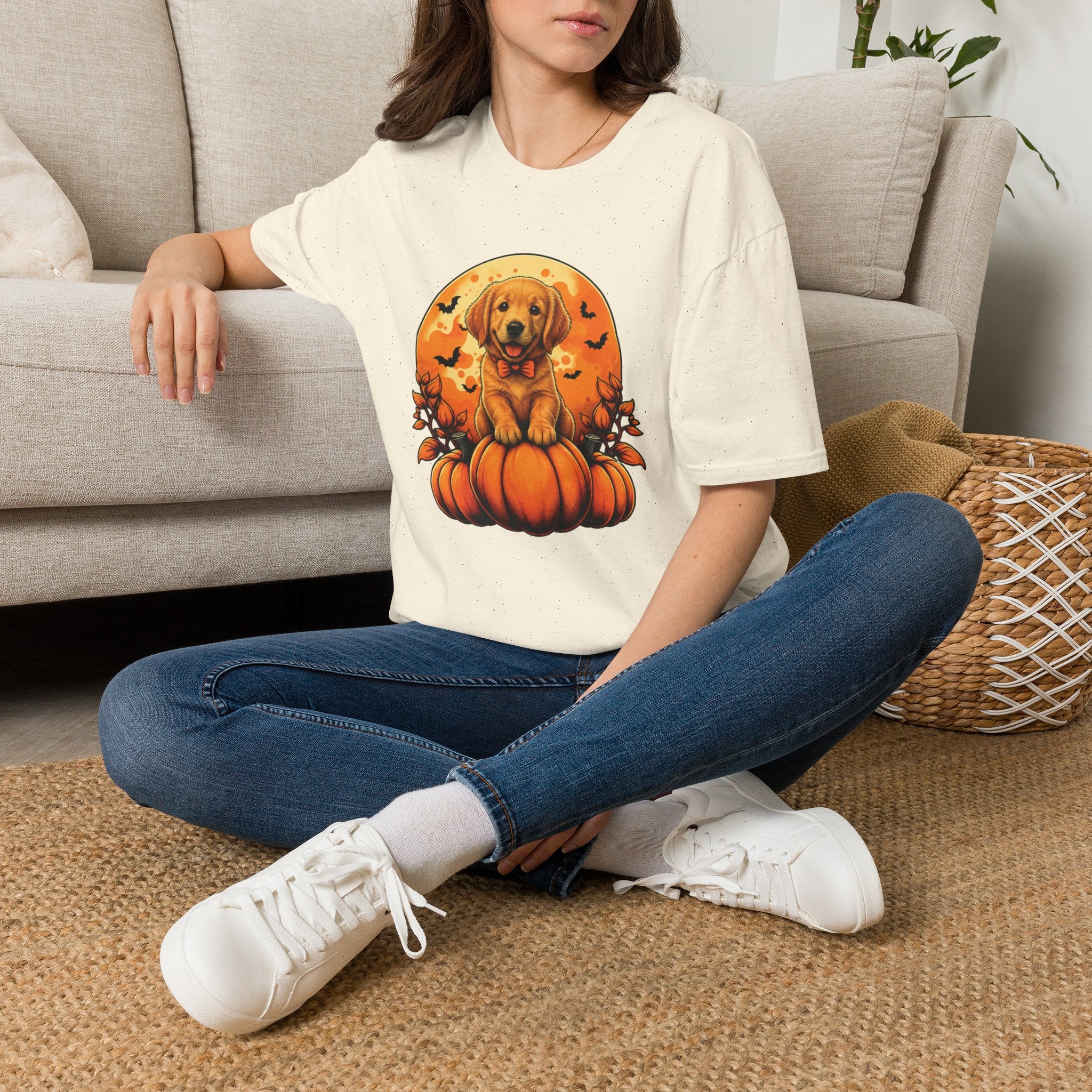 Halloween Pumpkin Puppy T-Shirt — Cute Golden Retriever with Bats & Bowtie