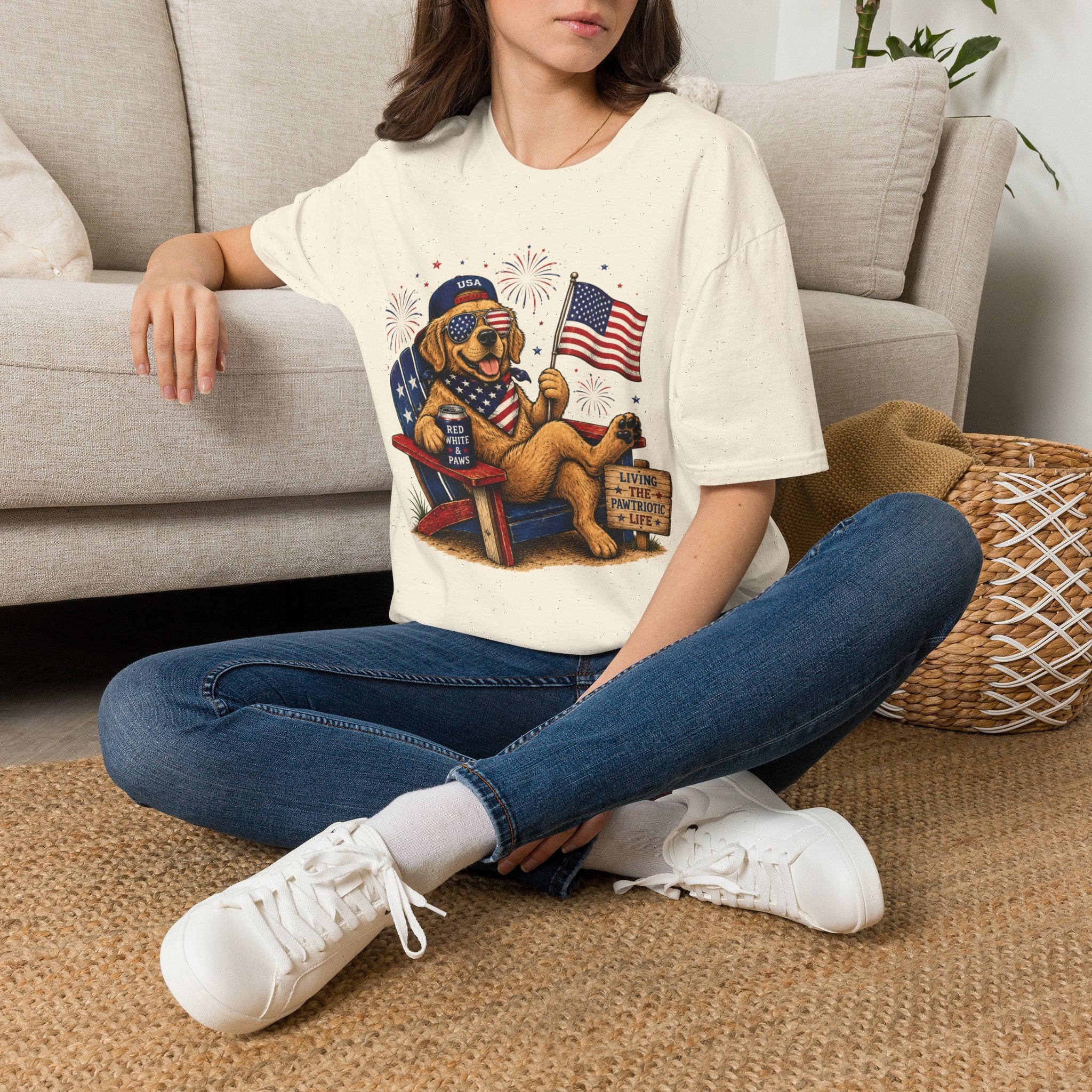 Patriotic Golden Retriever T-Shirt — USA Flag, Sunglasses & Fireworks