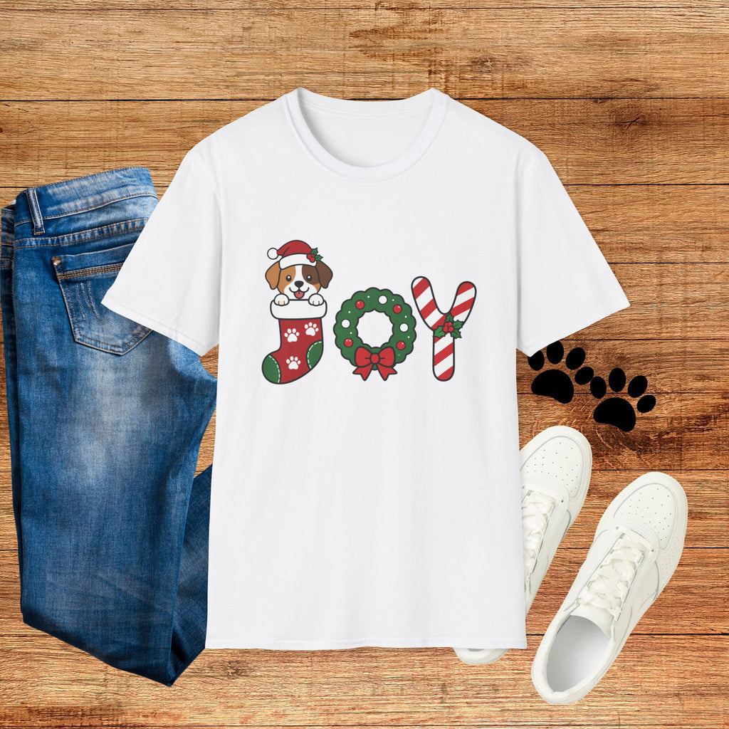 Christmas Joy Dog T-Shirt — Cute Puppy in Stocking & Candy Cane Holiday Tee