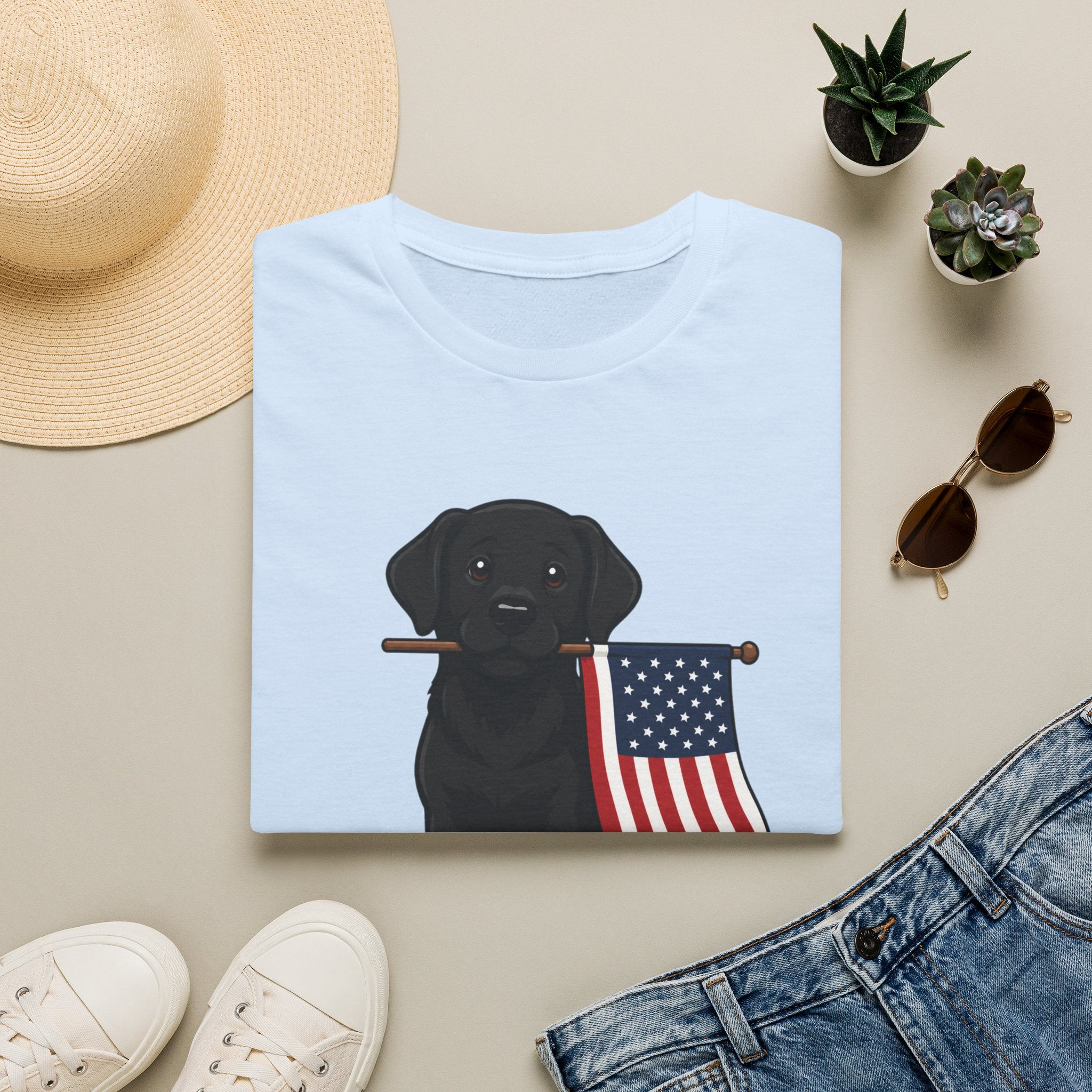 Black Labrador Holding American Flag T-Shirt – Patriotic Dog Tee for 4th of July