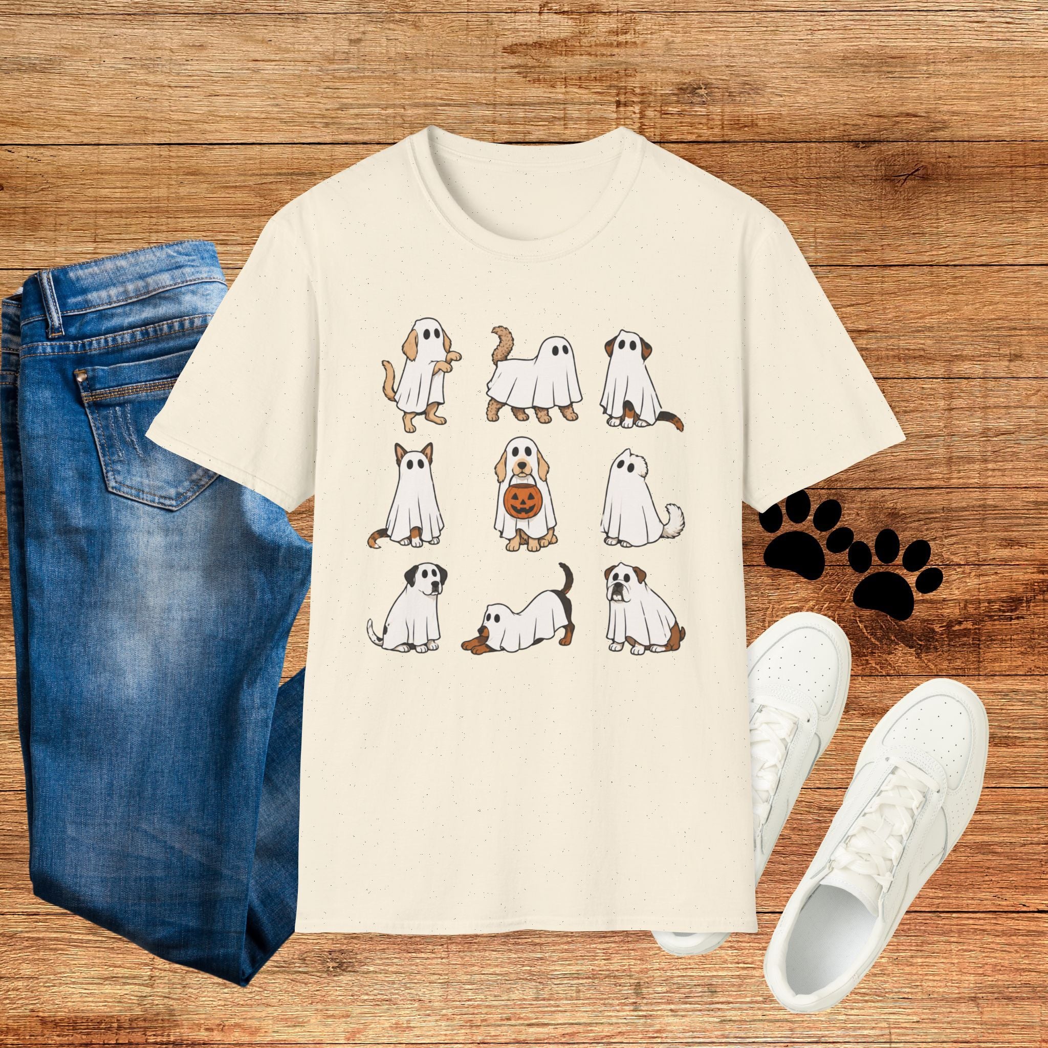 Ghost Dogs Halloween T-Shirt — Cute Puppy Ghosts with Pumpkin Design