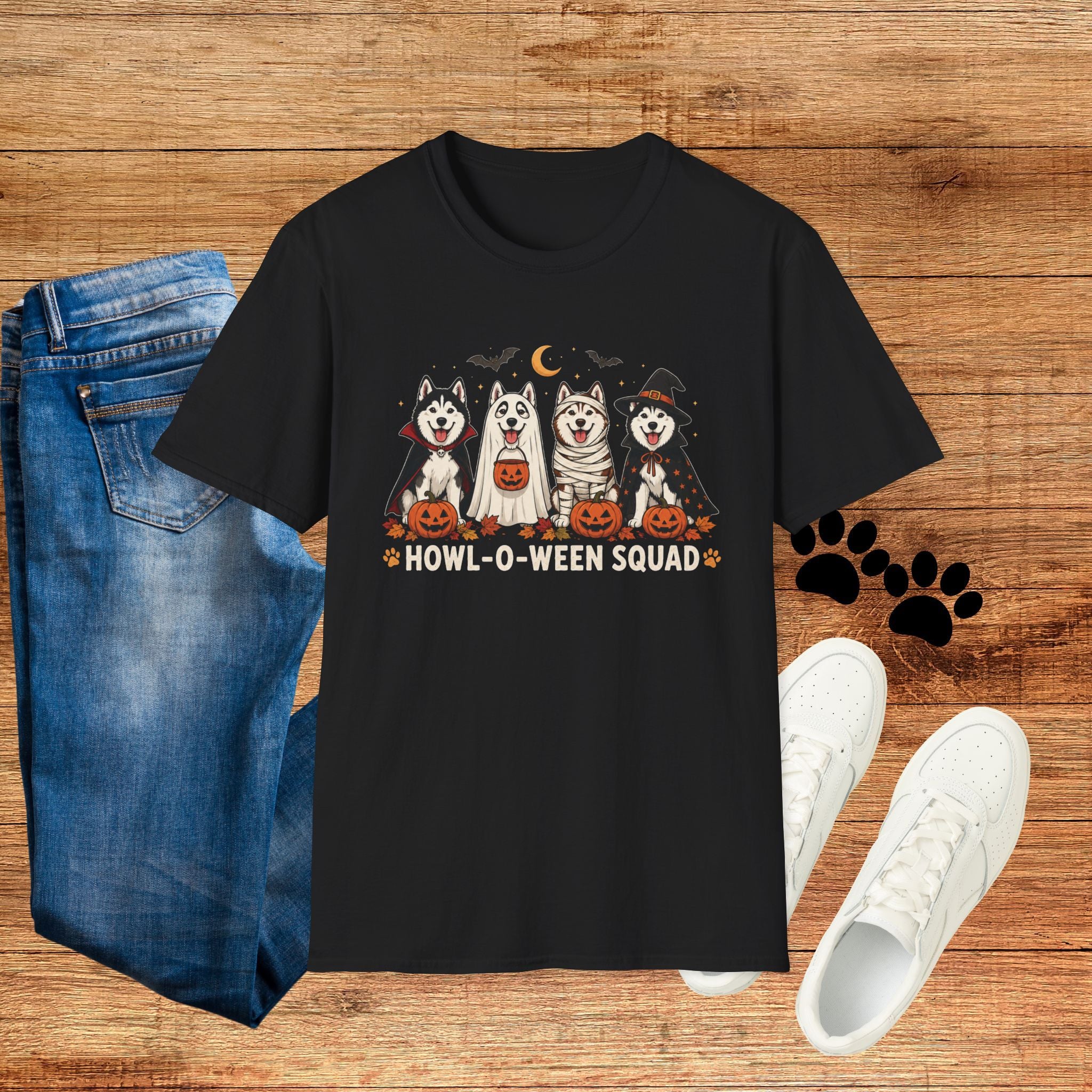 Halloween Huskies T-Shirt — "Howl-O-Ween Squad" Cute Dog Costume Tee