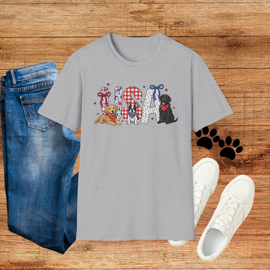 USA Patriotic Dog T-Shirt — Red White Blue Lettering with Labrador & Puppy Design
