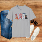 USA Patriotic Dog T-Shirt — Red White Blue Lettering with Labrador & Puppy Design