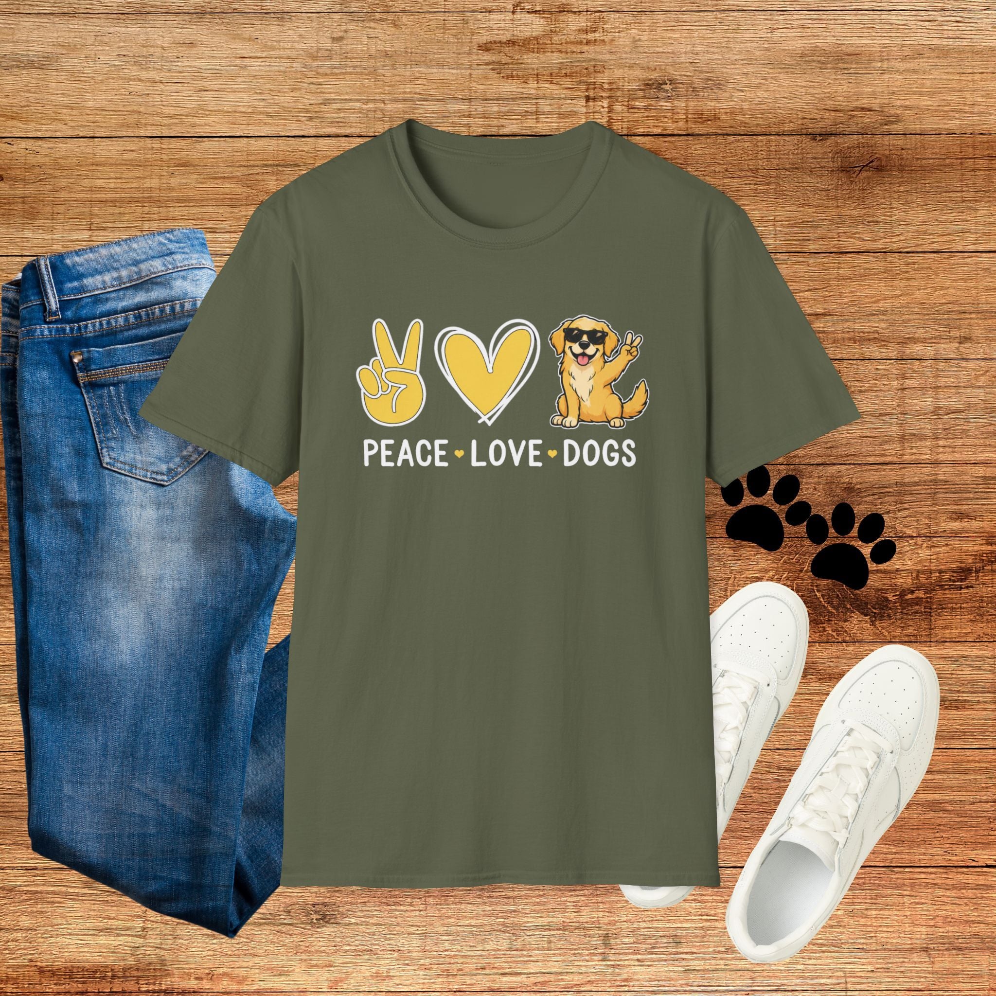 Peace Love Dogs T-Shirt – Cute Golden Retriever Graphic Tee