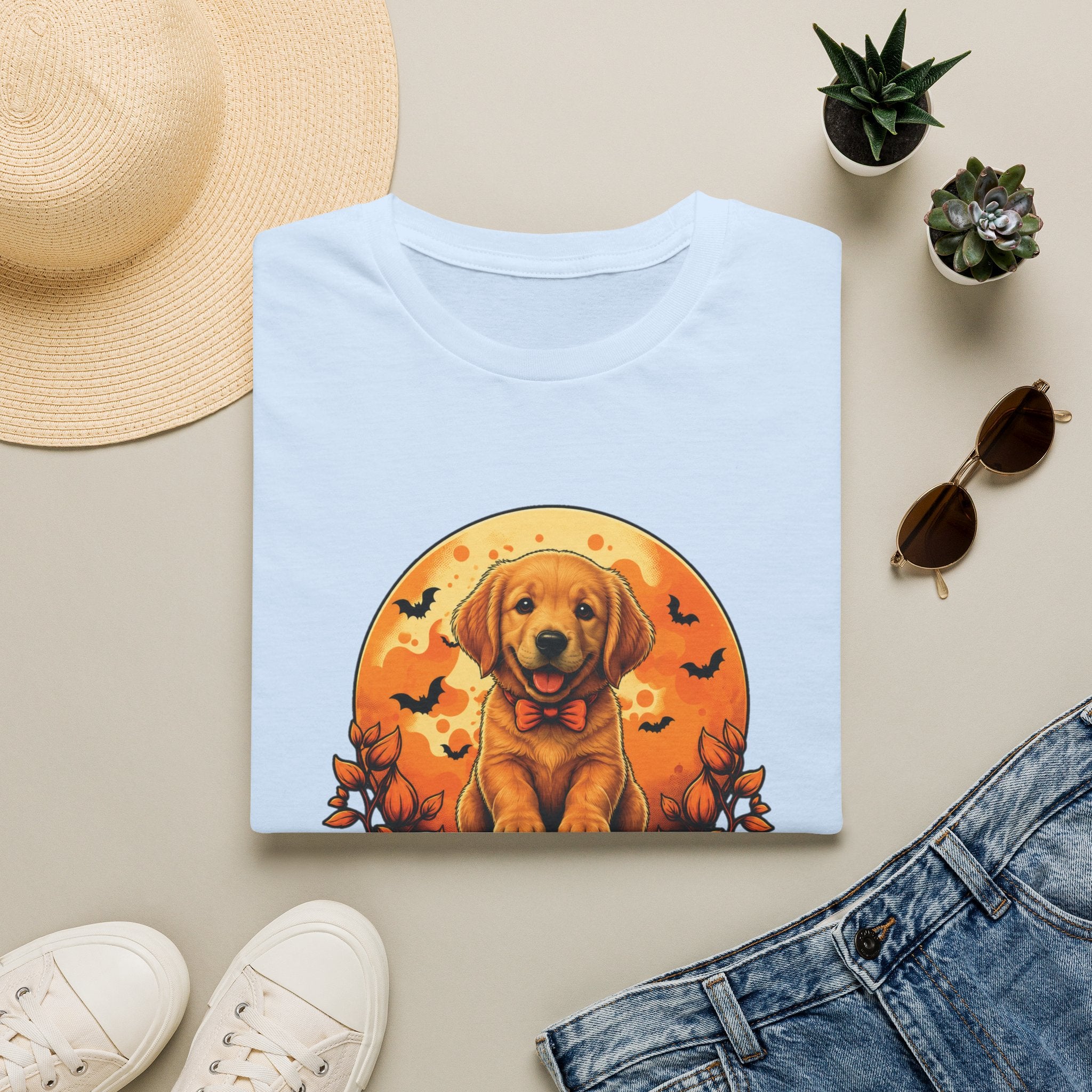 Halloween Pumpkin Puppy T-Shirt — Cute Golden Retriever with Bats & Bowtie
