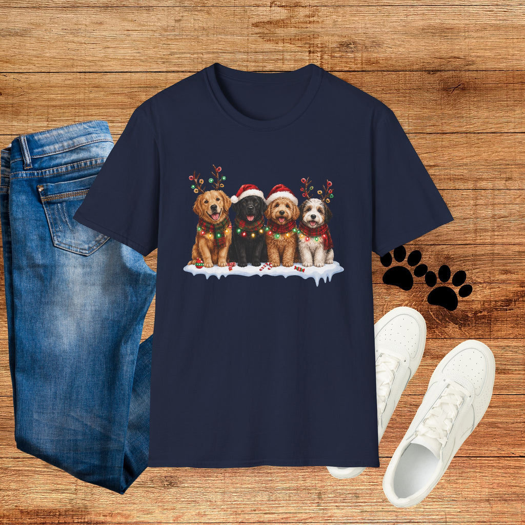 Christmas Dogs T-Shirt — Festive Puppies with Santa Hats & Reindeer Antlers