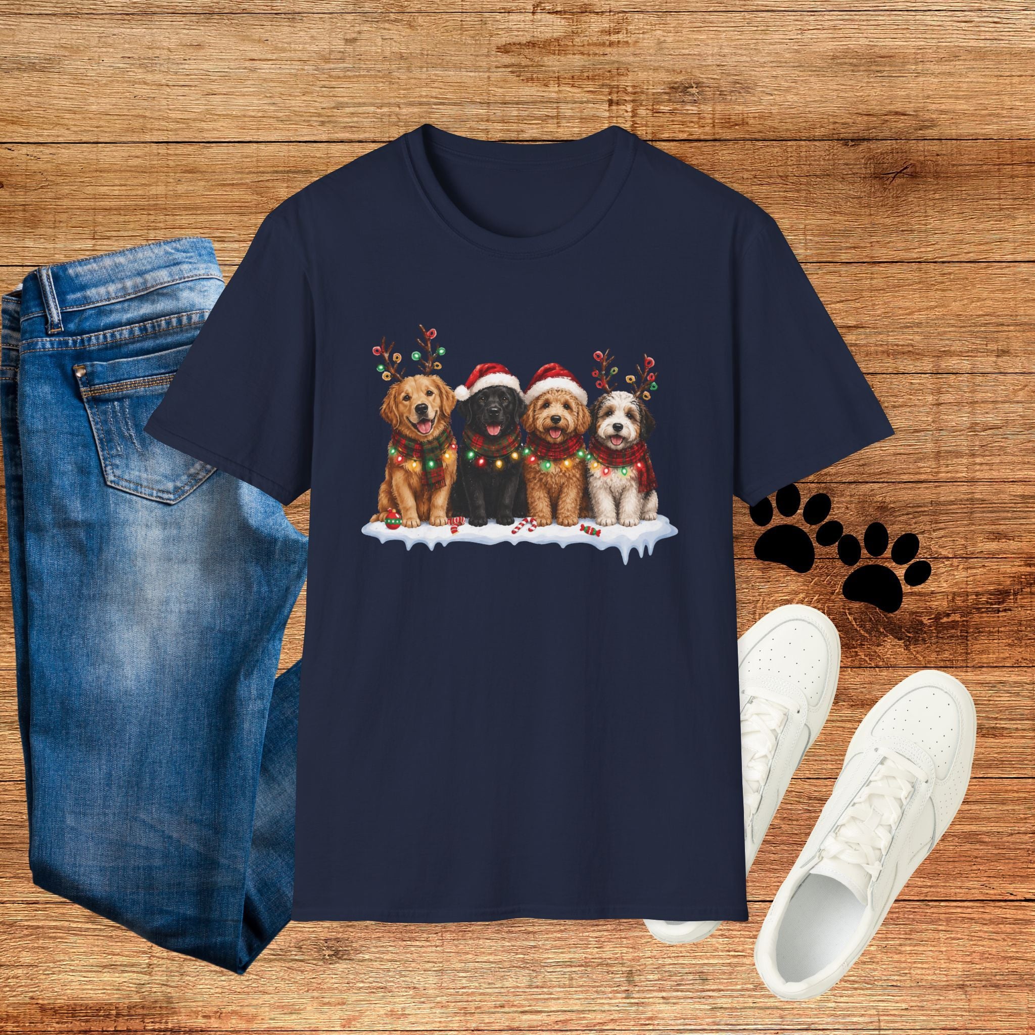 Christmas Dogs T-Shirt — Festive Puppies with Santa Hats & Reindeer Antlers
