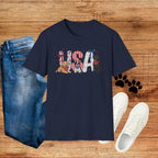 USA Patriotic Dog T-Shirt — Red White Blue Lettering with Labrador & Puppy Design