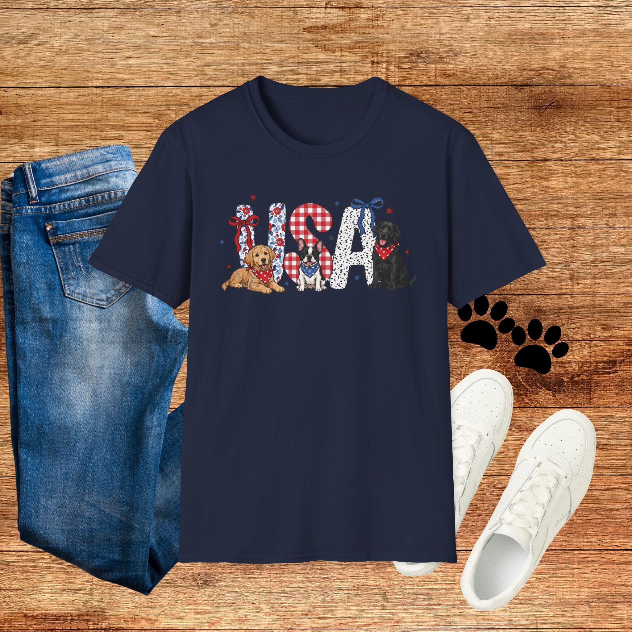 USA Patriotic Dog T-Shirt — Red White Blue Lettering with Labrador & Puppy Design