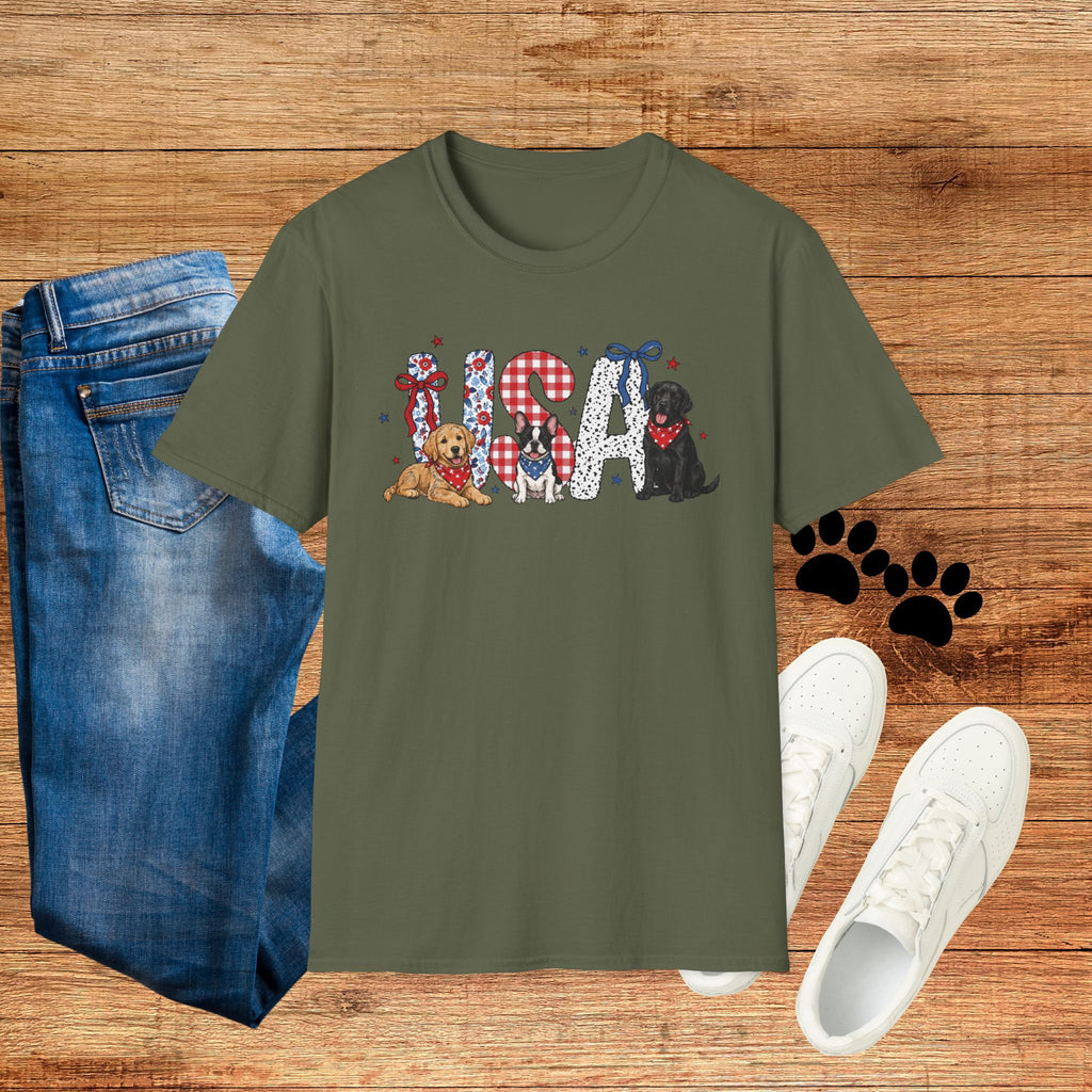 USA Patriotic Dog T-Shirt — Red White Blue Lettering with Labrador & Puppy Design