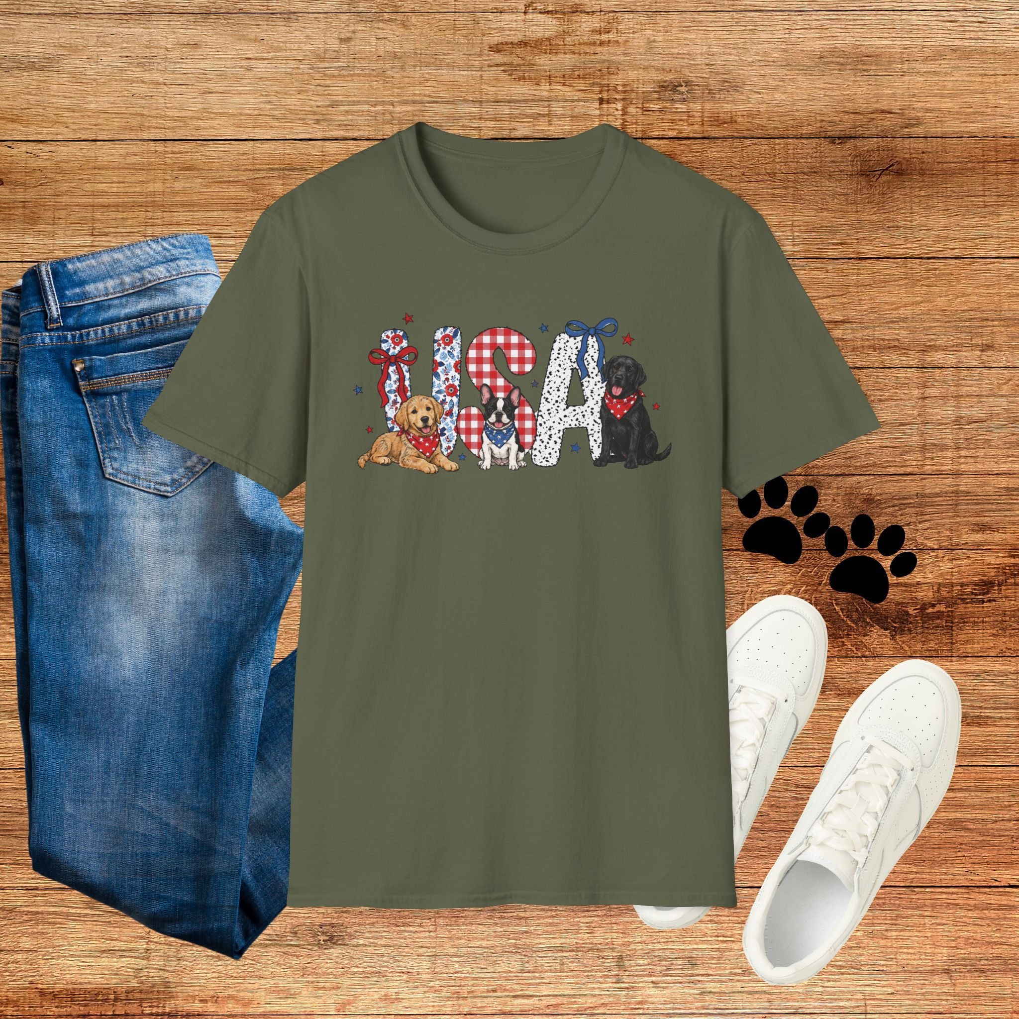 USA Patriotic Dog T-Shirt — Red White Blue Lettering with Labrador & Puppy Design