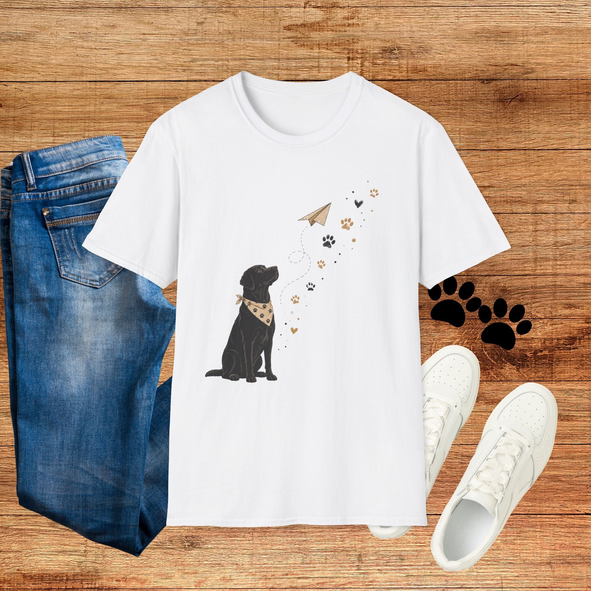 Dog Paw & Paper Airplane T-Shirt — Cute Black Dog Graphic Tee