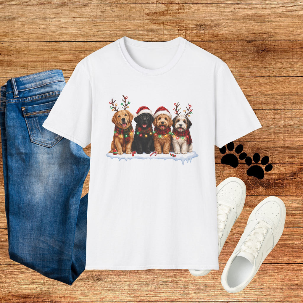 Christmas Dogs T-Shirt — Festive Puppies with Santa Hats & Reindeer Antlers
