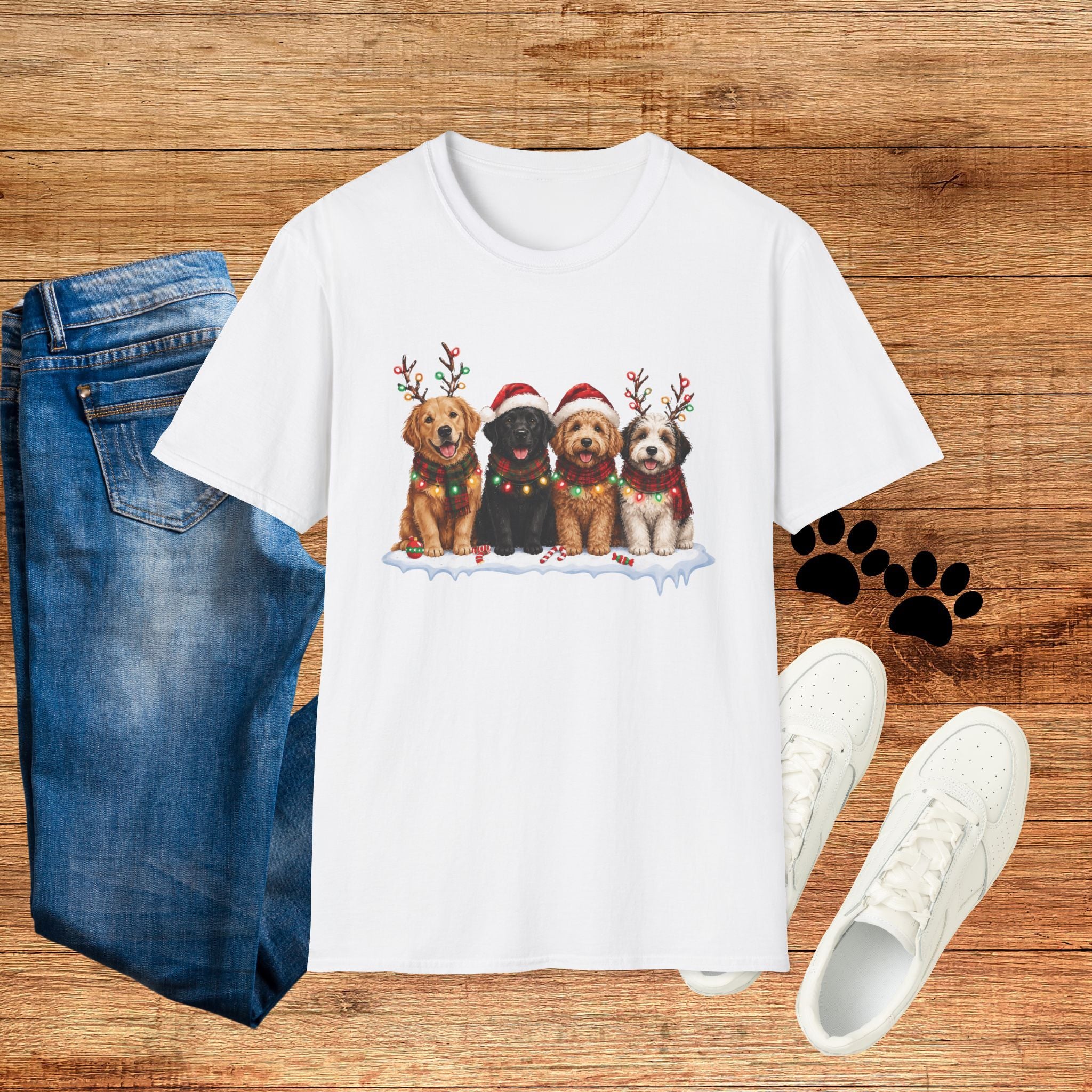 Christmas Dogs T-Shirt — Festive Puppies with Santa Hats & Reindeer Antlers