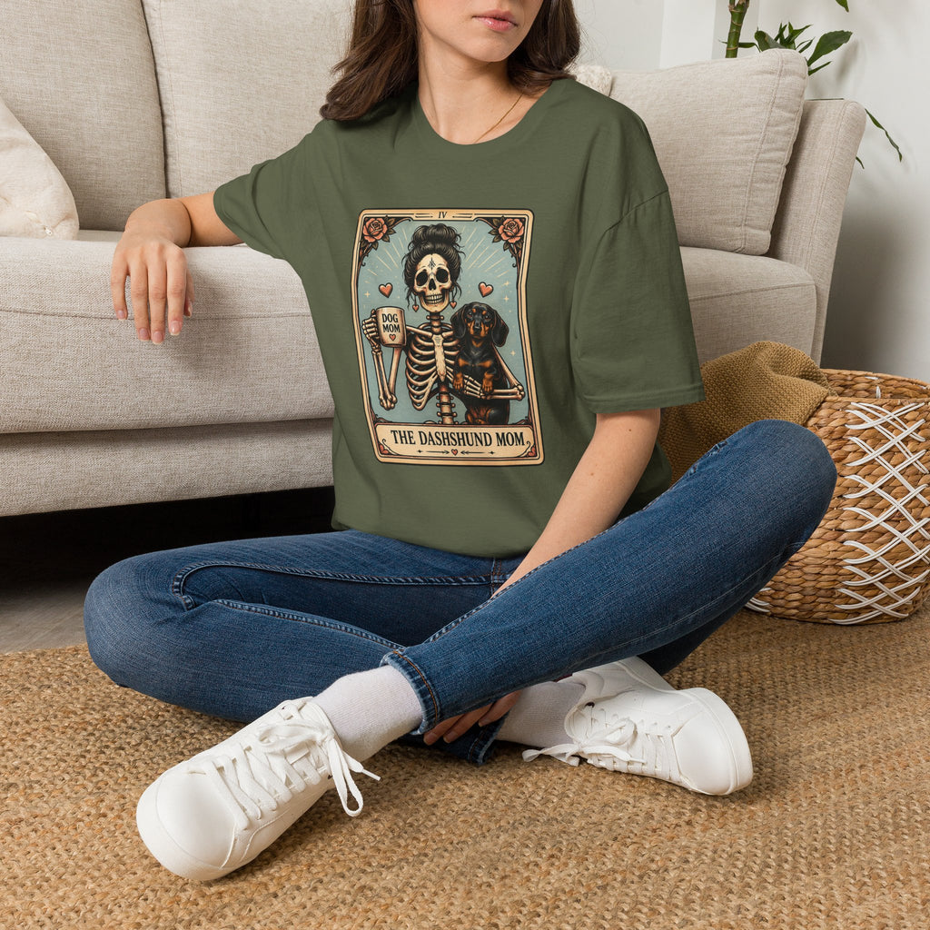 Dachshund Mom Tarot Tee — 'Dog Mom' Skeleton Card Graphic T-Shirt