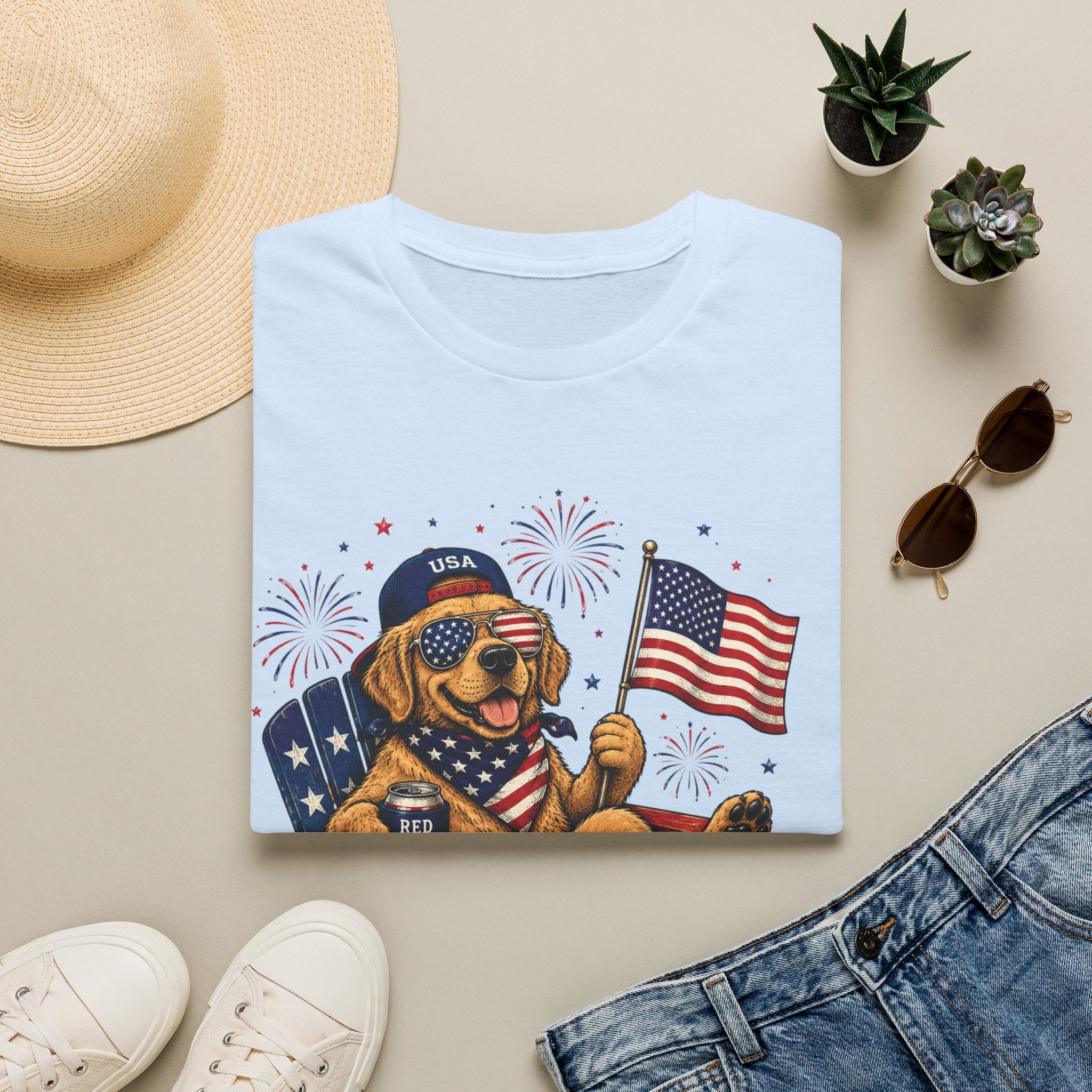 Patriotic Golden Retriever T-Shirt — USA Flag, Sunglasses & Fireworks