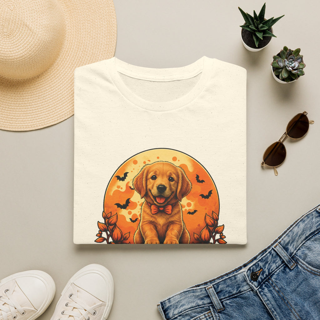 Halloween Pumpkin Puppy T-Shirt — Cute Golden Retriever with Bats & Bowtie