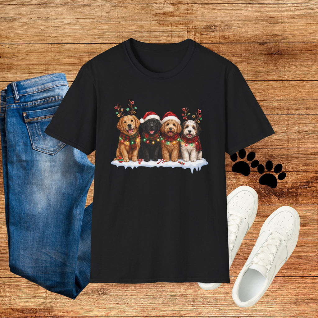 Christmas Dogs T-Shirt — Festive Puppies with Santa Hats & Reindeer Antlers