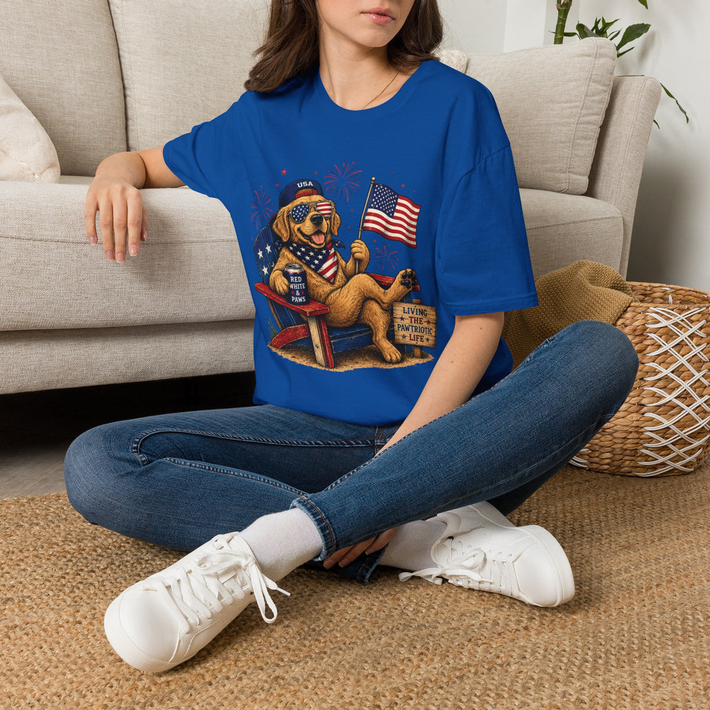 Patriotic Golden Retriever T-Shirt — USA Flag, Sunglasses & Fireworks