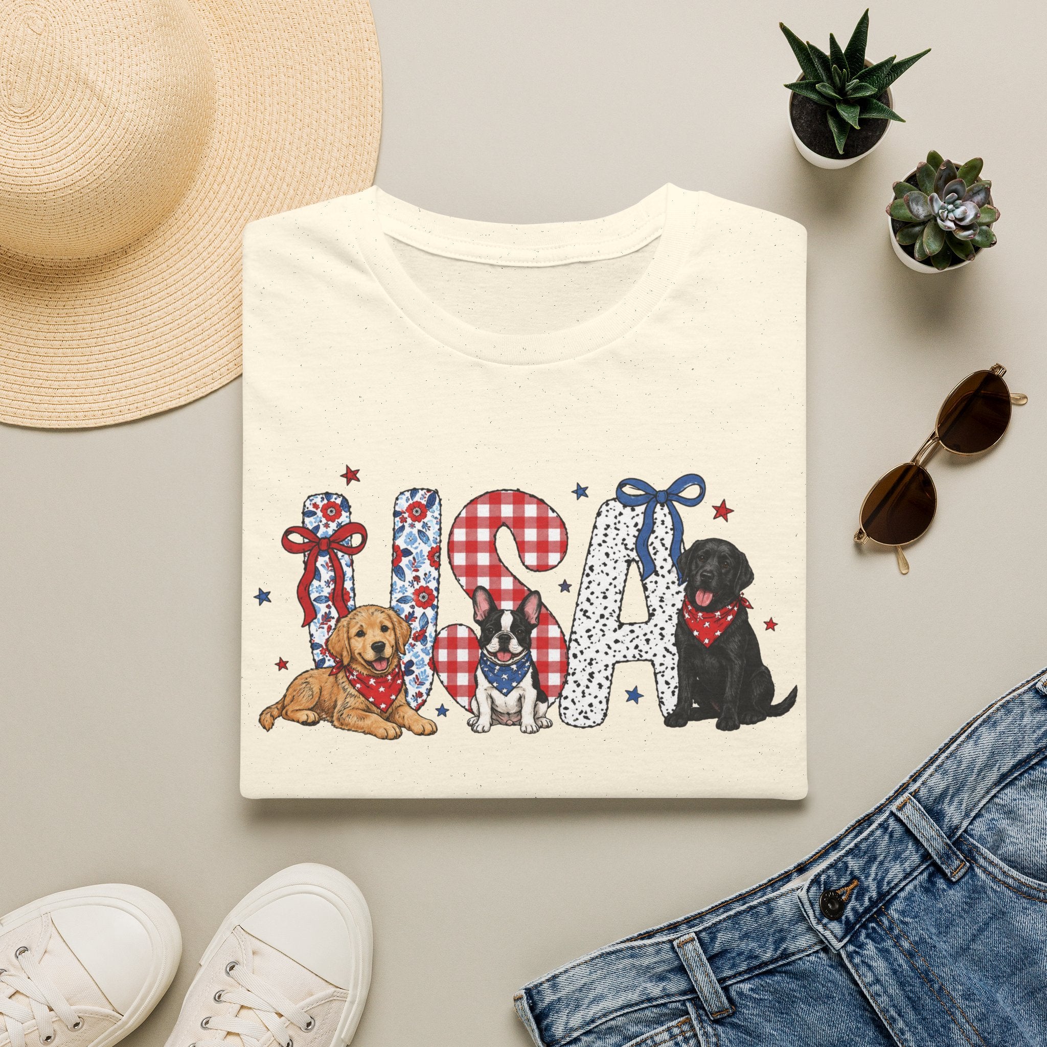 USA Patriotic Dog T-Shirt — Red White Blue Lettering with Labrador & Puppy Design