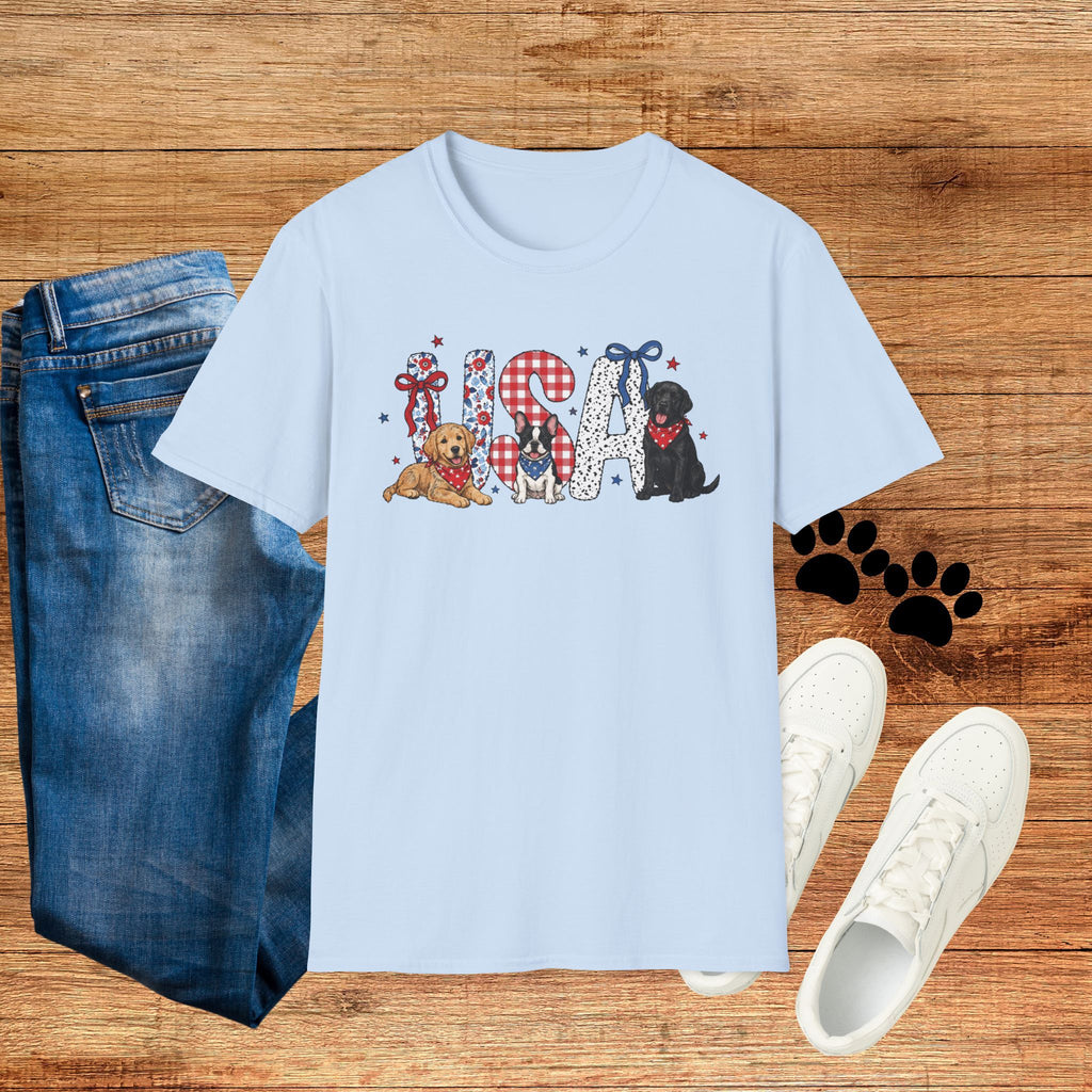 USA Patriotic Dog T-Shirt — Red White Blue Lettering with Labrador & Puppy Design