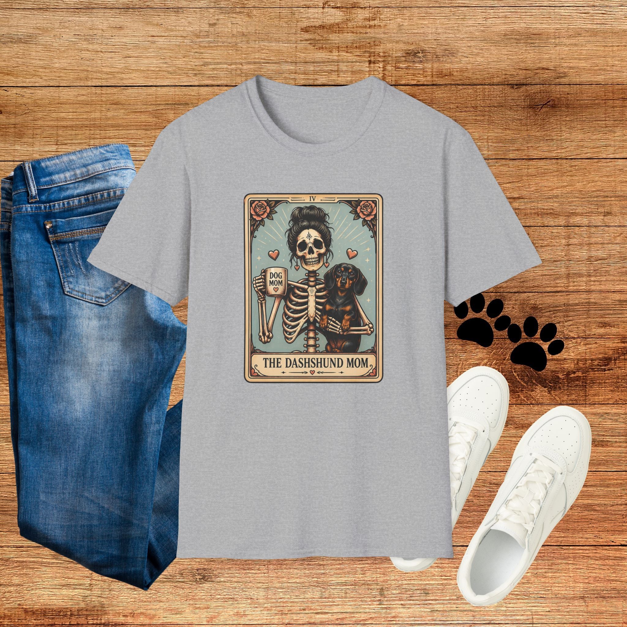 Dachshund Mom Tarot Tee — 'Dog Mom' Skeleton Card Graphic T-Shirt