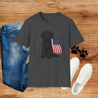 Black Labrador Holding American Flag T-Shirt – Patriotic Dog Tee for 4th of July
